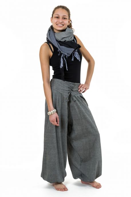 Pantalon ethnic chic aladin zen ceinture corset gris chine Divyna