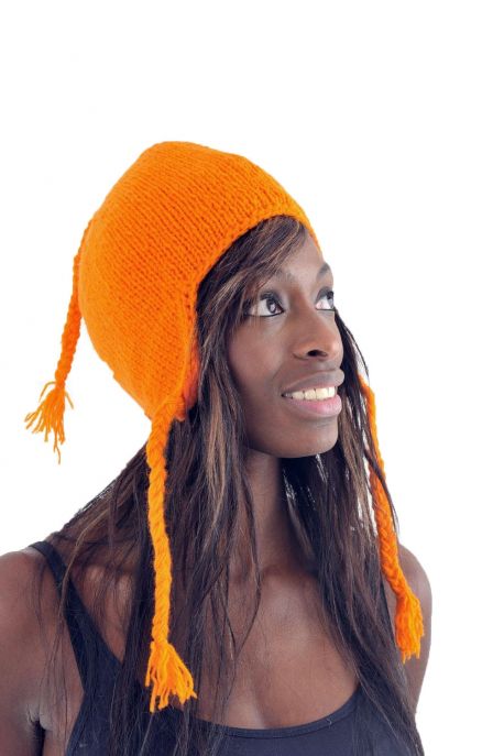 Bonnet orange pure laine et polaire douce du Nepal